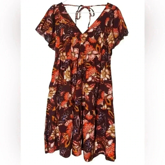 Old Navy V Neck Tiered Mini Swing Dress Burgundy Orange Red Floral Print Size XS - Picture 1 of 6